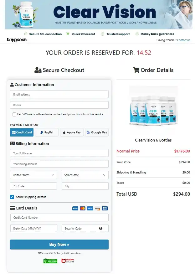 Clear Vision Pro Order Page